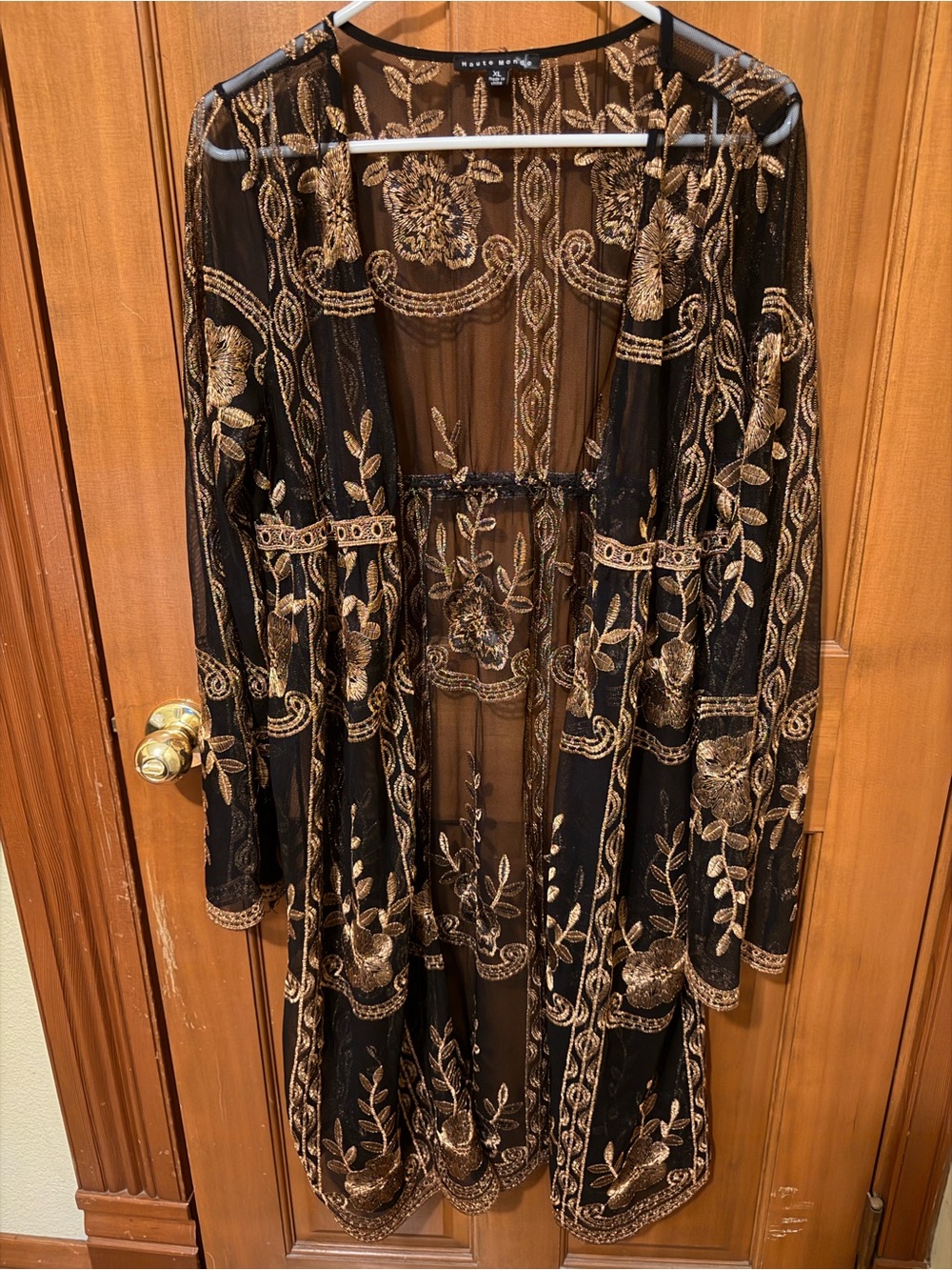 Haute Monde Black Sheer Long Sleeve Kimono with Floral Gold Embroidery